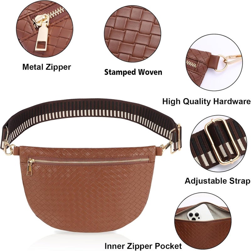 Dealkion Woven Crossbody Bags for Women Leather Belt Bum Sling Purse Fanny Waist Pack Chest Shoulder Bag for Women-Dark Brown - Image 3